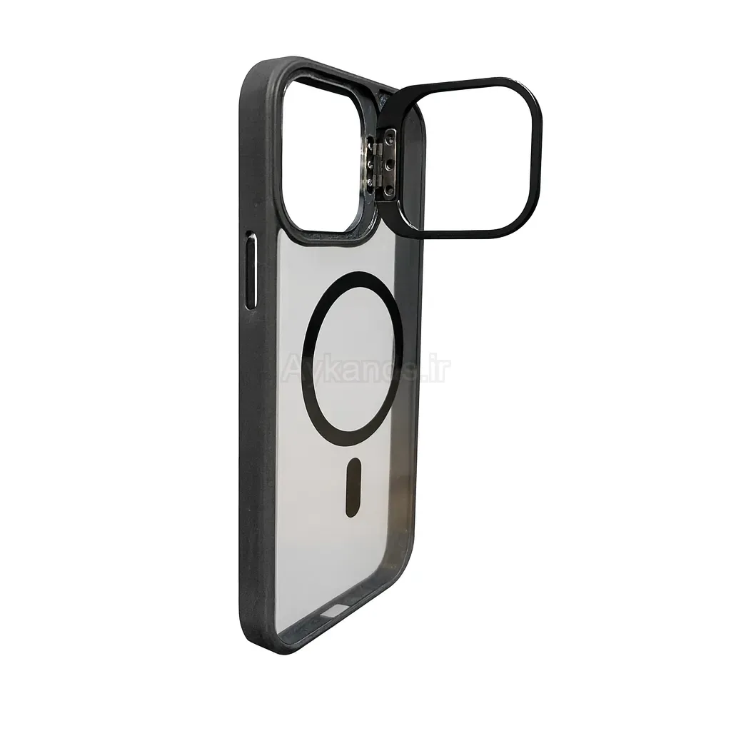 قاب اورجینال IPHONE 15 Pro Max مگ سیف دار مدل Metal Case Stand به همراه محافظ لنز رینگی ست