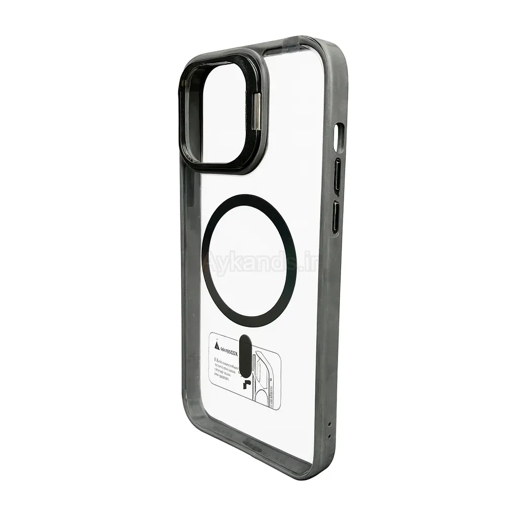 قاب اورجینال IPHONE 15 Pro Max مگ سیف دار مدل Metal Case Stand به همراه محافظ لنز رینگی ست