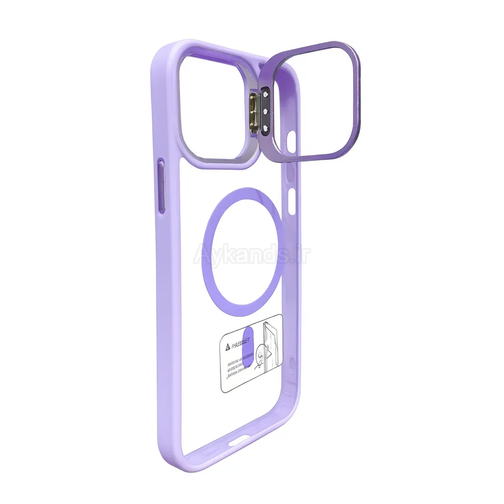 قاب اورجینال IPHONE 15 Pro Max مگ سیف دار مدل Metal Case Stand به همراه محافظ لنز رینگی ست