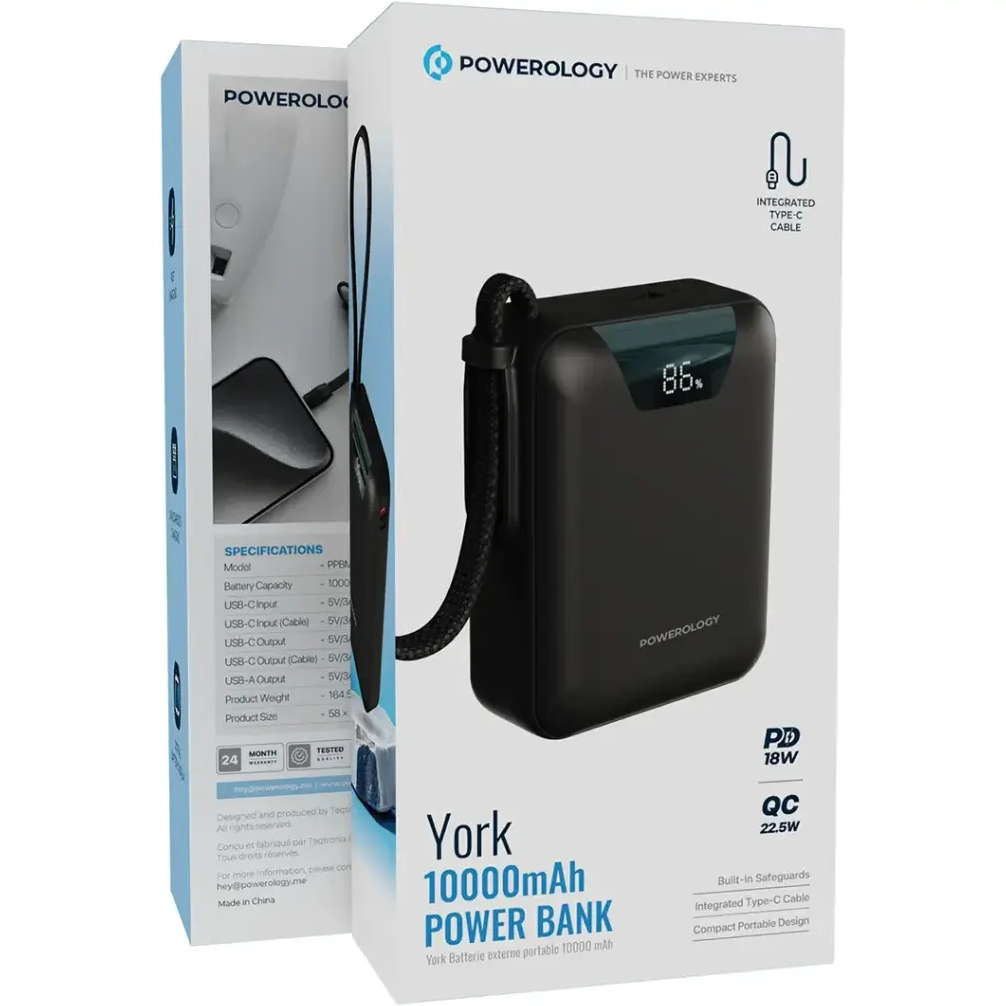 پاوربانک پاورولوژی مدل York ظرفیت ۱۰۰۰۰ میلی‌آمپر ساعت مدل PPBM101